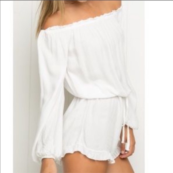 Brandy Melville Pants - Brandy Melville Gabriella Off the Shoulder White Tie Waist Romper X-Small